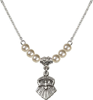18" Rhodium Plated Necklace with 4mm Faux-Pearl Beads featuring a Sterling Silver Seven Gifts Medal.