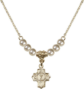18" Hamilton Gold Plated Necklace with 4mm Faux-Pearl Beads featuring a 14kt Gold Filled Communion 5-Way Medal.