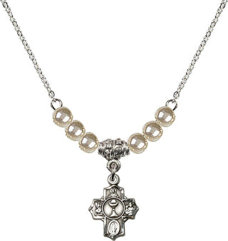 18" Rhodium Plated Necklace with 4mm Faux-Pearl Beads featuring a Sterling Silver Communion 5-Way Medal.