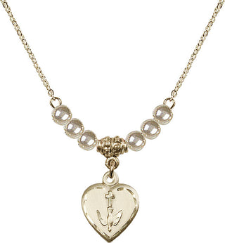 18" Hamilton Gold Plated Necklace with 4mm Faux-Pearl Beads featuring a 14kt Gold Filled Heart / Confirmation Medal.