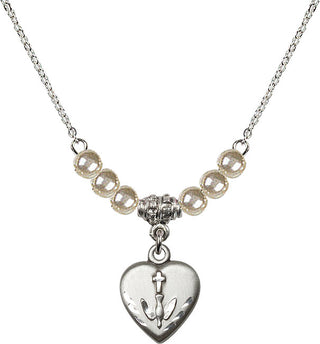 18" Rhodium Plated Necklace with 4mm Faux-Pearl Beads featuring a Sterling Silver Heart / Confirmation Medal.