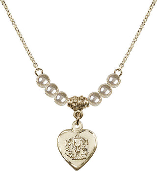 18" Hamilton Gold Plated Necklace with 4mm Faux-Pearl Beads featuring a 14kt Gold Filled Heart / Communion Medal.