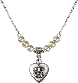 18" Rhodium Plated Necklace with 4mm Faux-Pearl Beads featuring a Sterling Silver Heart / Communion Medal.