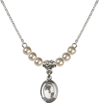 18" Rhodium Plated Necklace with 4mm Faux-Pearl Beads featuring a Sterling Silver First Penance Medal.
