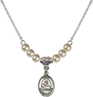 18" Rhodium Plated Necklace with 4mm Faux-Pearl Beads featuring a Sterling Silver First Reconciliation Medal.