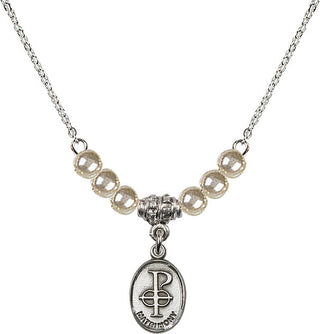 18" Rhodium Plated Necklace with 4mm Faux-Pearl Beads featuring a Sterling Silver Matrimony Medal.