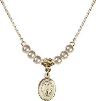 18" Hamilton Gold Plated Necklace with 4mm Faux-Pearl Beads featuring a 14kt Gold Filled Confirmation Medal.