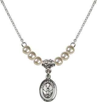 18" Rhodium Plated Necklace with 4mm Faux-Pearl Beads featuring a Sterling Silver Confirmation Medal.