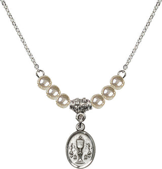18" Rhodium Plated Necklace with 4mm Faux-Pearl Beads featuring a Sterling Silver Chalice Medal.