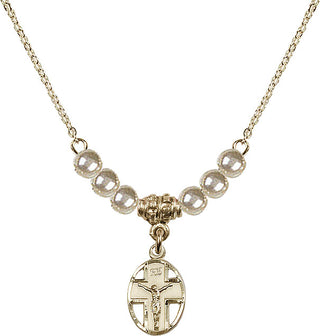18" Hamilton Gold Plated Necklace with 4mm Faux-Pearl Beads featuring a 14kt Gold Filled Crucifix Medal.