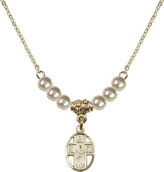 18" Hamilton Gold Plated Necklace with 4mm Faux-Pearl Beads featuring a 14kt Gold Filled 5-Way / Chalice Medal.