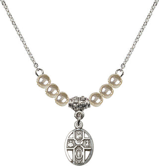 18" Rhodium Plated Necklace with 4mm Faux-Pearl Beads featuring a Sterling Silver 5-Way Medal.