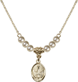 18" Hamilton Gold Plated Necklace with 4mm Faux-Pearl Beads featuring a 14kt Gold Filled Holy Spirit Medal.