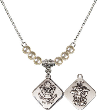 18" Rhodium Plated Necklace with 4mm Faux-Pearl Beads featuring a Sterling Silver Army Diamond Medal.