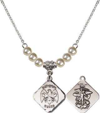 18" Rhodium Plated Necklace with 4mm Faux-Pearl Beads featuring a Sterling Silver Nat'l Guard Diamond Medal.