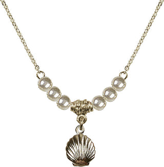 18" Hamilton Gold Plated Necklace with 4mm Faux-Pearl Beads featuring a 14kt Gold Filled Shell Medal.