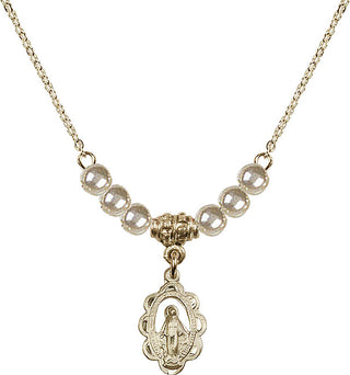 18" Hamilton Gold Plated Necklace with 4mm Faux-Pearl Beads featuring a 14kt Gold Filled Miraculous Medal.