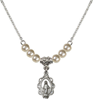 18" Rhodium Plated Necklace with 4mm Faux-Pearl Beads featuring a Sterling Silver Miraculous Medal.