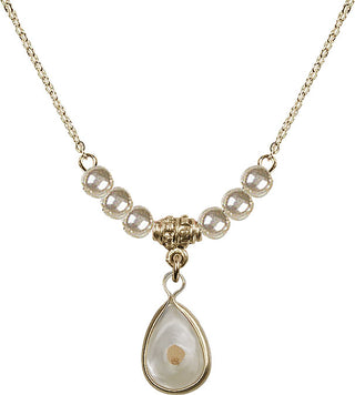 18" Hamilton Gold Plated Necklace with 4mm Faux-Pearl Beads featuring a 14kt Gold Filled Mustard Seed Medal.