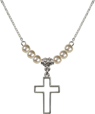 18" Rhodium Plated Necklace with 4mm Faux-Pearl Beads featuring a Sterling Silver Cross Medal.