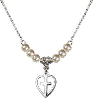 18" Rhodium Plated Necklace with 4mm Faux-Pearl Beads featuring a Sterling Silver Heart / Cross Medal.