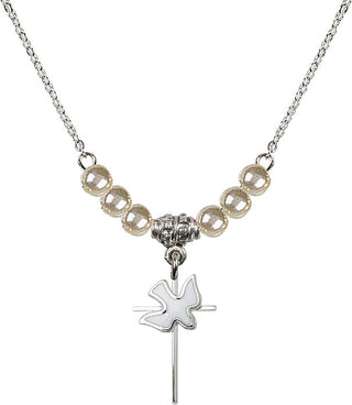 18" Rhodium Plated Necklace with 4mm Faux-Pearl Beads featuring a Sterling Silver Cross / Holy Spirit Medal.