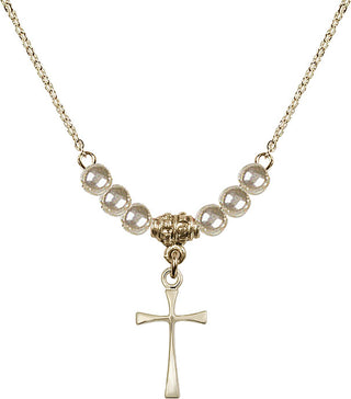 18" Hamilton Gold Plated Necklace with 4mm Faux-Pearl Beads featuring a 14kt Gold Filled Maltese Cross Medal.
