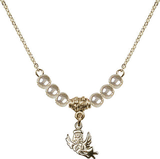 18" Hamilton Gold Plated Necklace with 4mm Faux-Pearl Beads featuring a 14kt Gold Filled Guardian Angel Medal.