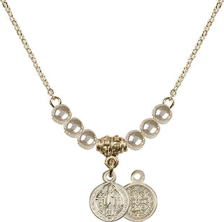 18" Hamilton Gold Plated Necklace with 4mm Faux-Pearl Beads featuring a 14kt Gold Filled Saint Benedict Medal.