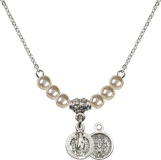 18" Rhodium Plated Necklace with 4mm Faux-Pearl Beads featuring a Sterling Silver Saint Benedict Medal.