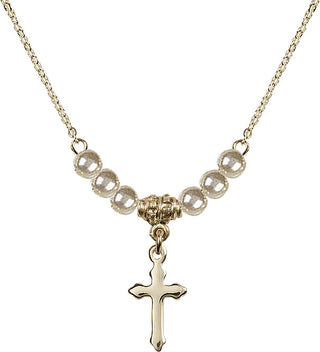 18" Hamilton Gold Plated Necklace with 4mm Faux-Pearl Beads featuring a 14kt Gold Filled Cross Medal.