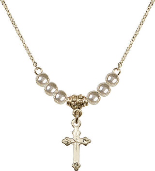 18" Hamilton Gold Plated Necklace with 4mm Faux-Pearl Beads featuring a 14kt Gold Filled Cross Medal.