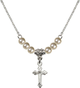 18" Rhodium Plated Necklace with 4mm Faux-Pearl Beads featuring a Sterling Silver Cross Medal.