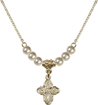 18" Hamilton Gold Plated Necklace with 4mm Faux-Pearl Beads featuring a 14kt Gold Filled 4-Way Medal.
