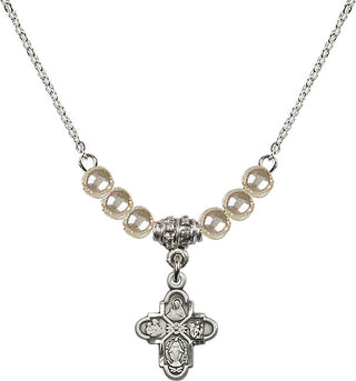 18" Rhodium Plated Necklace with 4mm Faux-Pearl Beads featuring a Sterling Silver 4-Way Medal.