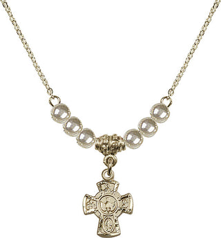 18" Hamilton Gold Plated Necklace with 4mm Faux-Pearl Beads featuring a 14kt Gold Filled 5-Way Medal.
