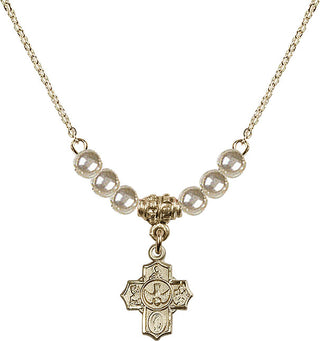 18" Hamilton Gold Plated Necklace with 4mm Faux-Pearl Beads featuring a 14kt Gold Filled 5-Way Medal.