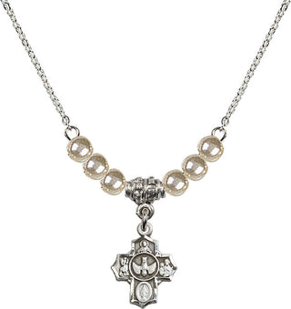 18" Rhodium Plated Necklace with 4mm Faux-Pearl Beads featuring a Sterling Silver 5-Way Medal.