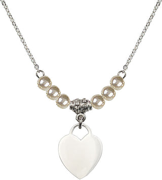 18" Rhodium Plated Necklace with 4mm Faux-Pearl Beads featuring a Sterling Silver Heart Medal. Engraved Catholic Saint Jewelry