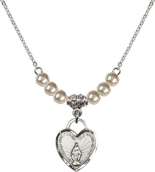 18" Rhodium Plated Necklace with 4mm Faux-Pearl Beads featuring a Sterling Silver Miraculous Heart Medal. Engraved Catholic Saint Jewelry