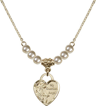 18" Hamilton Gold Plated Necklace with 4mm Faux-Pearl Beads featuring a 14kt Gold Filled Guardian Angel Heart Medal. Engraved Catholic Saint Jewelry