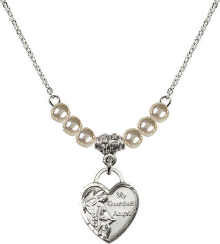18" Rhodium Plated Necklace with 4mm Faux-Pearl Beads featuring a Sterling Silver Guardian Angel Heart Medal. Engraved Catholic Saint Jewelry