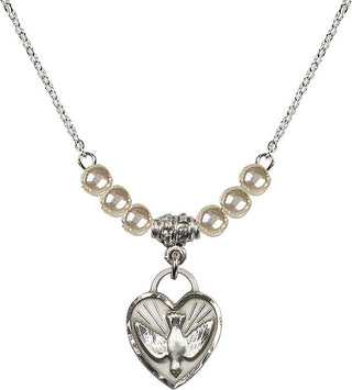 18" Rhodium Plated Necklace with 4mm Faux-Pearl Beads featuring a Sterling Silver Confirmation Heart Medal. Engraved Catholic Saint Jewelry