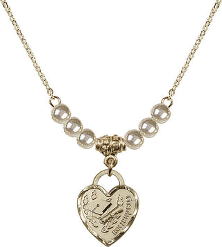 18" Hamilton Gold Plated Necklace with 4mm Faux-Pearl Beads featuring a 14kt Gold Filled Graduation Heart Medal. Engraved Catholic Saint Jewelry