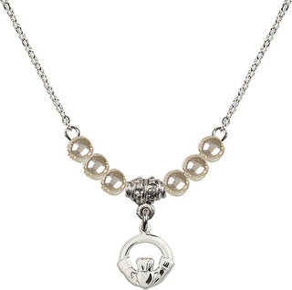 18" Rhodium Plated Necklace with 4mm Faux-Pearl Beads featuring a Sterling Silver Claddagh Medal.