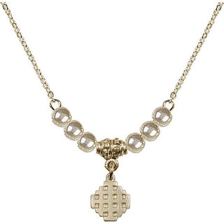 18" Hamilton Gold Plated Necklace with 4mm Faux-Pearl Beads featuring a 14kt Gold Filled Jerusalem Cross Medal.