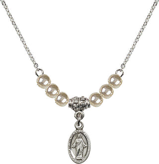 18" Rhodium Plated Necklace with 4mm Faux-Pearl Beads featuring a Sterling Silver Scapular Medal.