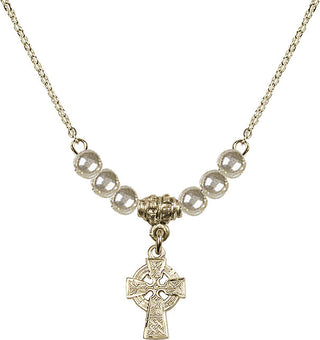 18" Hamilton Gold Plated Necklace with 4mm Faux-Pearl Beads featuring a 14kt Gold Filled Celtic Cross Medal.