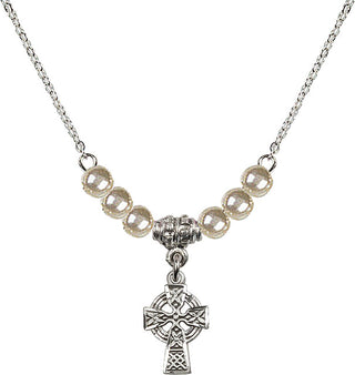 18" Rhodium Plated Necklace with 4mm Faux-Pearl Beads featuring a Sterling Silver Celtic Cross Medal.