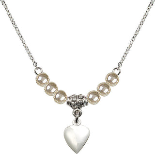 18" Rhodium Plated Necklace with 4mm Faux-Pearl Beads featuring a Sterling Silver Heart Medal.